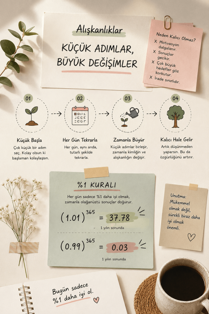 Yeni alışkanlıklar neden kalıcı olmaz? %1 kuralını gösteren matematiksel formül